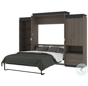Orion Bark Gray And Graphite 124" Queen Murphy Bed And Multifunctional Storage With Drawers