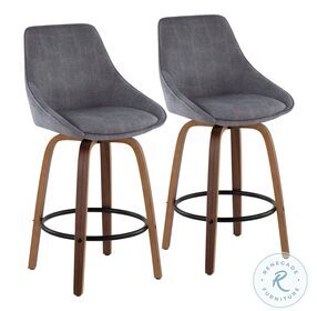 Diana Walnut Wood And Grey Corduroy With Black Round Footrest Counter Height Stool Set Of 2