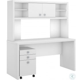 Echo Pure White Credenza Desk with Hutch and Mobile File Cabinet