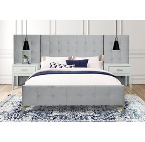 Mila Emma Silver Gray King Upholstered Wall Panel Bed with Nightstand
