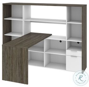 Gemma Walnut Grey And White 2 Piece L Shaped Desk With Hutch And One Bookcase