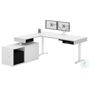 Pro Vega White And Black 81" L Shaped Adjustable Standing Desk With Credenza And Dual Monitor Arm