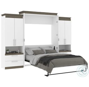 Orion White And Walnut Grey 124" Queen Murphy Bed And 2 Storage Cabinets With Pull Out Shelves