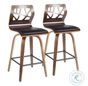 Folia Walnut Wood And Black Faux Leather Counter Height Stool Set Of 2