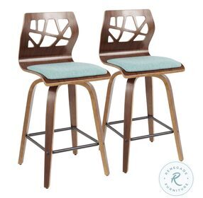 Folia Walnut Wood And Teal Fabric Counter Height Stool Set Of 2