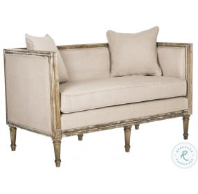 Leandra Taupe And Rustic Oak Linen French Country Settee