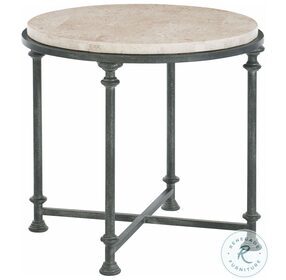 Galesbury Travertine Stone And Antique Silver Metal Round End Table