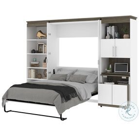 Orion White And Walnut Grey 118" Full Murphy Bed With Shelving And Fold Out Desk