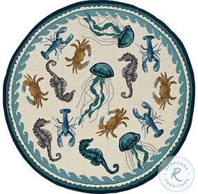Harbor Ivory And Teal Beach Life Round Rug