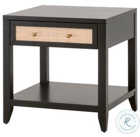 Holland Brushed Black Acacia And Natural Rattan 1 Drawer Side Table