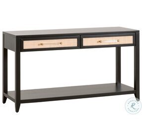 Holland Brushed Black Acacia And Natural Rattan 2 Drawer Console Table