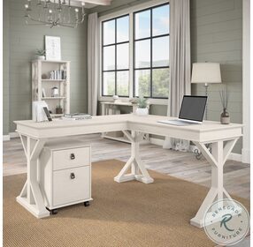 Homestead Linen White Oak 60" Farmhouse L Shaped Home Office Set with Mobile File Cabinet