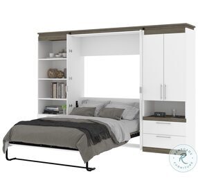 Orion White And Walnut Grey 118" Full Murphy Bed And Multifunctional Storage With Drawers