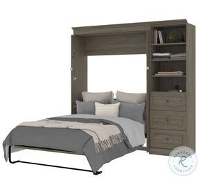 Versatile Walnut Grey 84" Full Murphy Bed And Shelving Unit With 3 Drawers