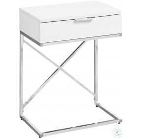 Glossy White and Chrome 24" Drawer Accent Table