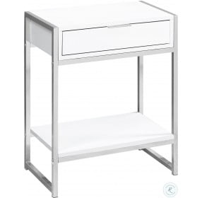 Glossy White and Chrome Metal 24" Storage Accent Table
