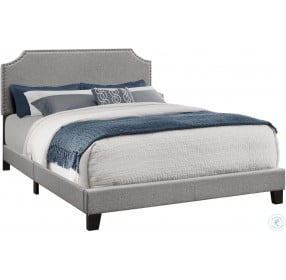 5925Q Gray Linen Queen Upholstered Bed with Chrome Trim