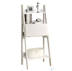 7040 White 61" Ladder Bookcase With Drop-Down Desk