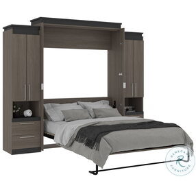 Orion Bark Gray And Graphite 104" Queen Murphy Bed And 2 Storage Cabinets With Pull Out Shelves