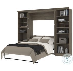Versatile Walnut Grey 109" Full Murphy Bed With Two Shelving Unit