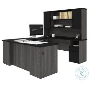 Norma Black And Bark Gray 71" U Shaped Executive Desk With Hutch