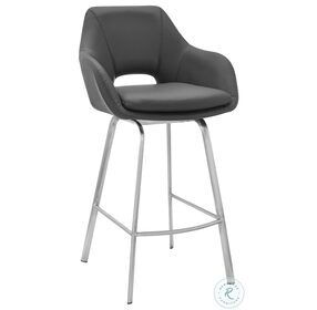 Aura Gray Faux Leather And Brushed Stainless Steel Swivel 26" Counter Height Stool
