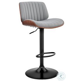 Brock Gray Faux Leather And Walnut Wood Adjustable Bar Stool With Black Base
