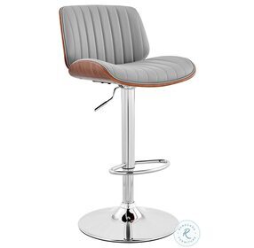 Brock Gray Faux Leather And Walnut Wood Adjustable Bar Stool with Chrome Base