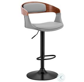 Benson Gray Faux Leather And Walnut Wood Adjustable Bar Stool With Black Base