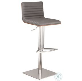 Cafe Gray Faux Leather And Walnut Wood Adjustable Swivel Bar Stool with Brushed Stainless Steel Base