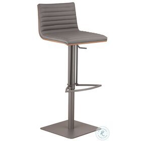 Cafe Gray Faux Leather And Walnut Wood Adjustable Swivel Bar Stool with Grey Metal Base