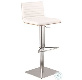 Cafe White Faux Leather And Walnut Wood Adjustable Swivel Bar Stool with Brushed Stainless Steel Base