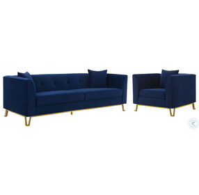 Everest 90" Blue Fabric Upholstered Living Room Set with Brushed Gold Legs