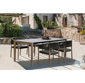 Fineline Light Eucalyptus Wood And Super Stone Outdoor 80" Rectangular Dining Room Set with Doris Chairs