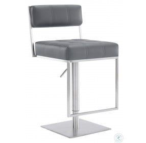 Michele Brushed Stainless Steel And Grey Faux Leather Adjustable Bar Stool