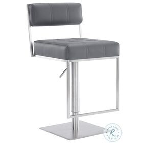 Michele Grey Faux Leather And Brushed Stainless Steel Adjustable Swivel Bar Stool