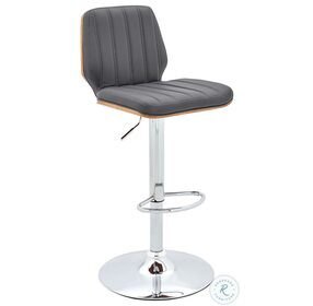 Sabine Gray Faux Leather And Chrome Adjustable Swivel Bar Stool With Walnut Back