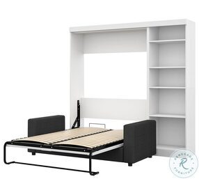 Pur White 90" Full Murphy Bed with Sofa and Shelving Unit