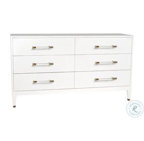 Maren Lacquered White Linen With Antique Brass And Acrylic 6 Drawer Dresser Chest