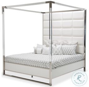 State St Satin And Glossy White Box Tufted California King Metal Canopy Bed