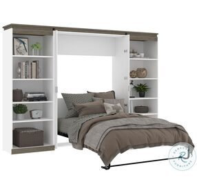 Orion White And Walnut Grey 118" Full Murphy Bed With 2 Shelving Units