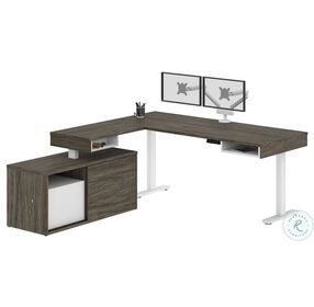 Pro Vega Walnut Grey And White 81" L Shaped Adjustable Standing Desk With Credenza And Dual Monitor Arm