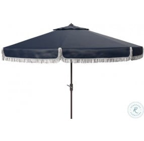 Milan Navy and White Fringe Round Crank Outdoor Umbrella
