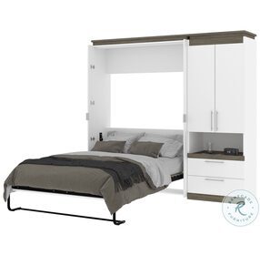 Orion White And Walnut Grey 88" Full Murphy Bed And Storage Cabinet With Pull Out Shelf