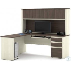 Prestige White Chocolate and Antigua L-Shaped Workstation with Hutch