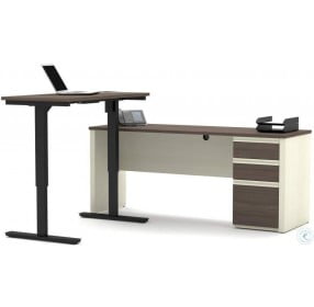 Prestige White Chocolate and Antigua L-Desk with Electric Height Adjustable Table