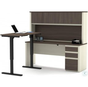 Prestige White Chocolate and Antigua L-Desk with Hutch with Electric Height Adjustable Table
