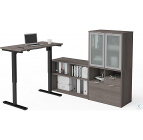 I3 Plus Bark Gray Height Adjustable L Desk with Frosted Glass Door Hutch