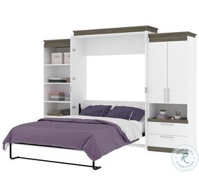 Orion White And Walnut Grey 124" Queen Murphy Bed With Multifunctional Storage