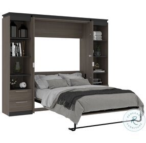 Orion Bark Gray And Graphite 98" Full Murphy Bed And 2 Narrow Shelving Units With Drawers
